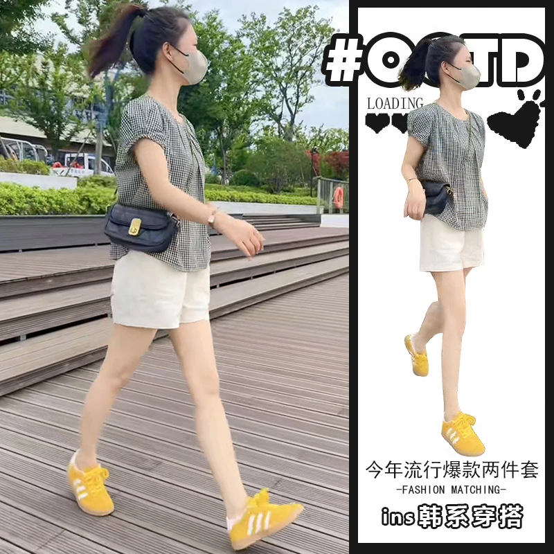 减龄一整套穿搭高级感时尚格子短袖圆领衬衫显瘦阔腿休闲短裤套装