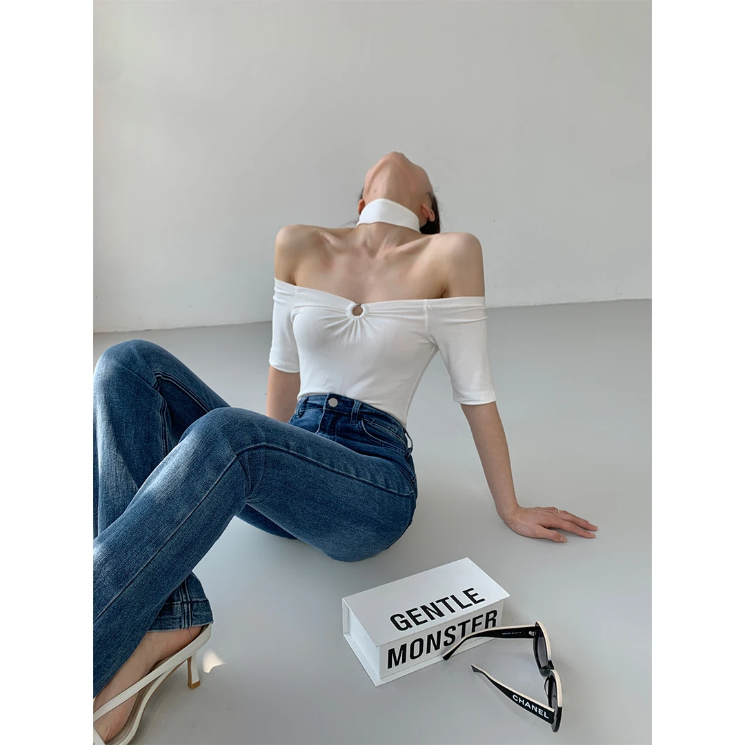 小众choker针织短袖T恤女修身弹力镂空设计感上衣P0321T1994