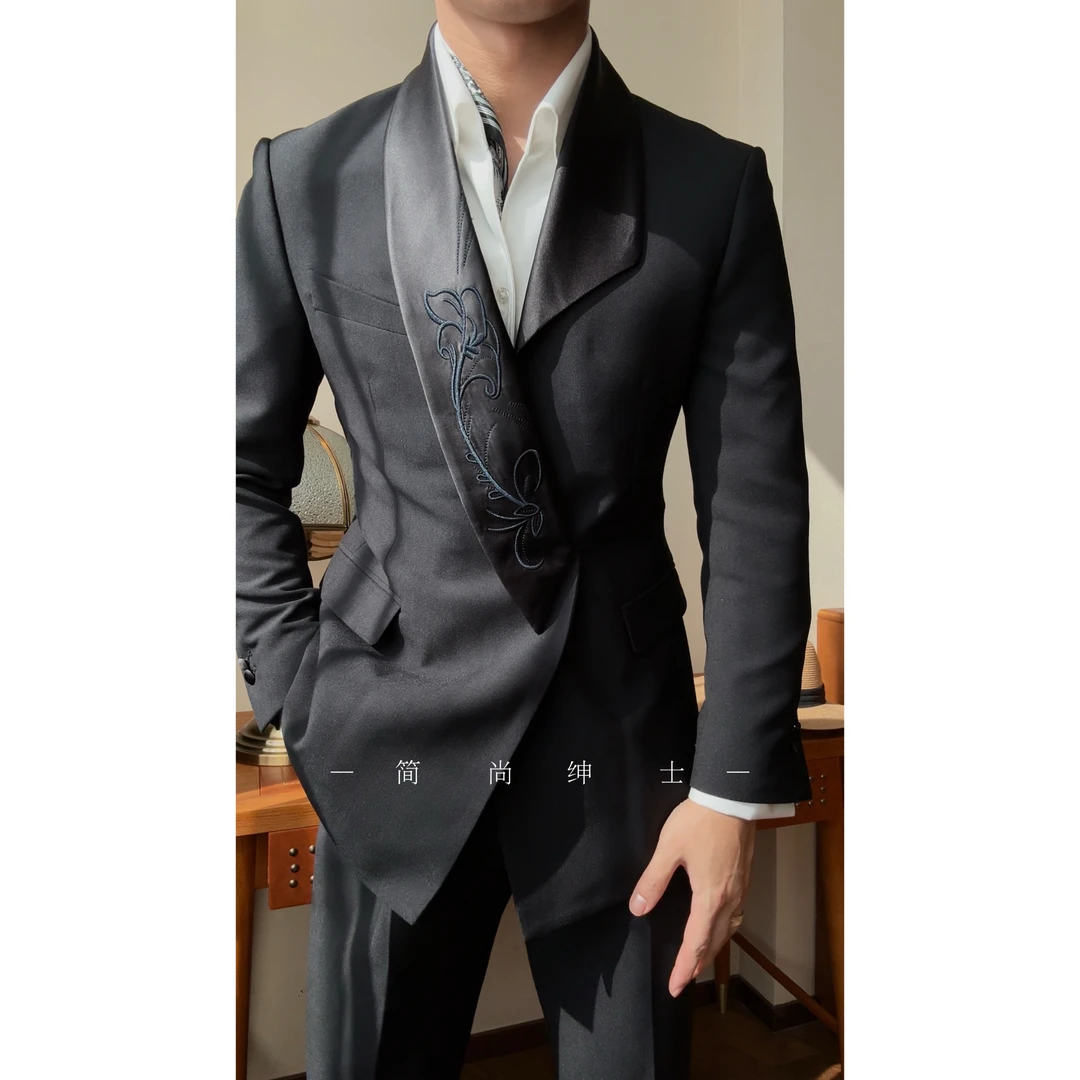 新款新中式刺绣高级感轻奢绅士黑色修身单西外套6172
