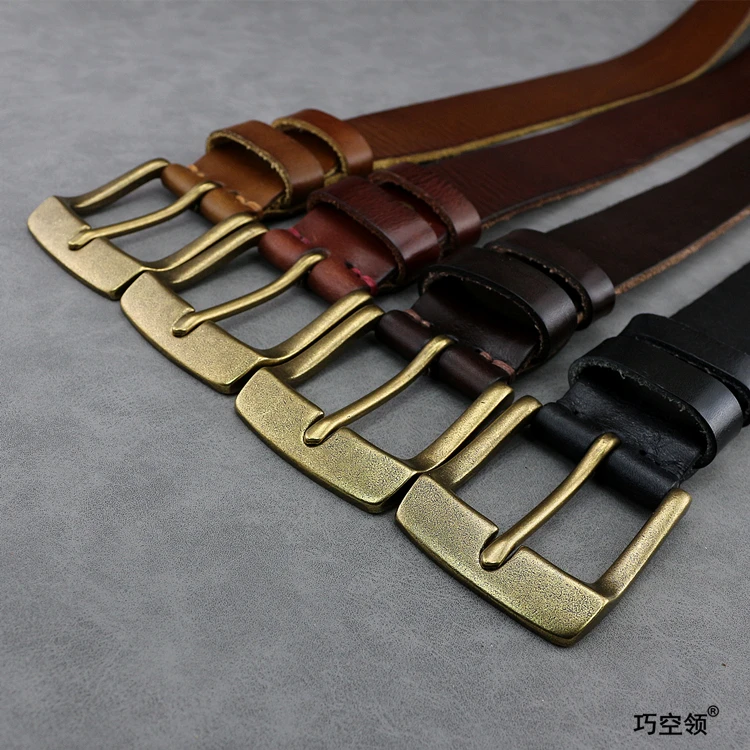 手工加厚纯黄铜扣复古手工擦色男士皮带百搭休闲纯牛皮美式腰带