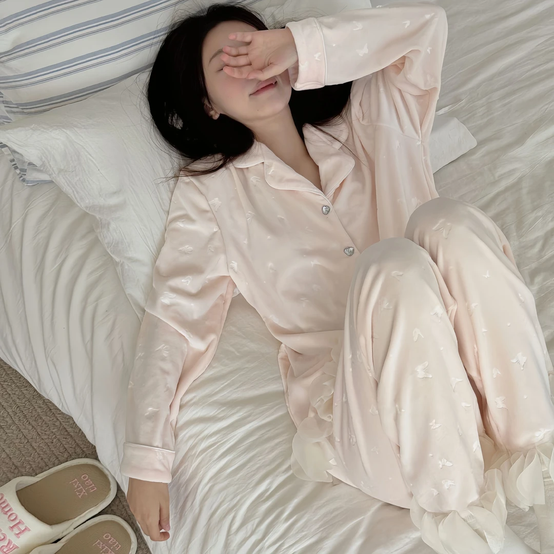 【落樱冬】双面海岛绒睡衣套装女软乎乎蝴蝶提花甜美纯欲风居家ins