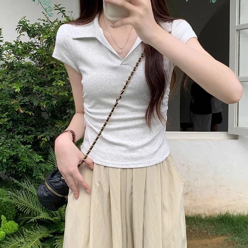 褶皱收腰修身显瘦Polo领上衣夏季辣妹正肩弹力纯色百搭短袖t恤女