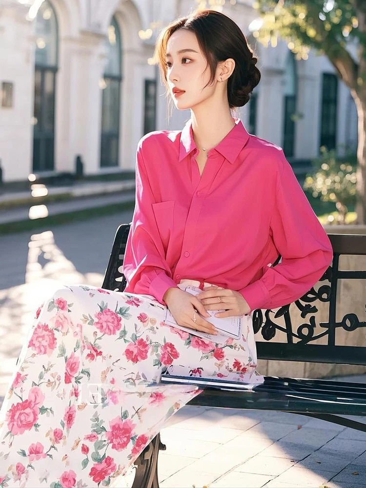 春装搭配一整套时尚减龄玫红色衬衫套装裙两件套气质韩版高级女装