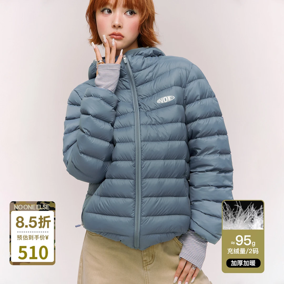 NO ONE ELSE美式复古女装男女冬季90鸭绒轻薄保暖外套连帽羽绒服