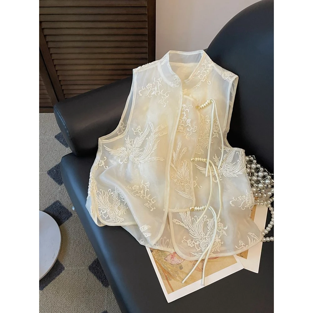 新中式国风刺绣2024夏新立领马甲女夏季唐装蕾丝拼接马夹背心上衣