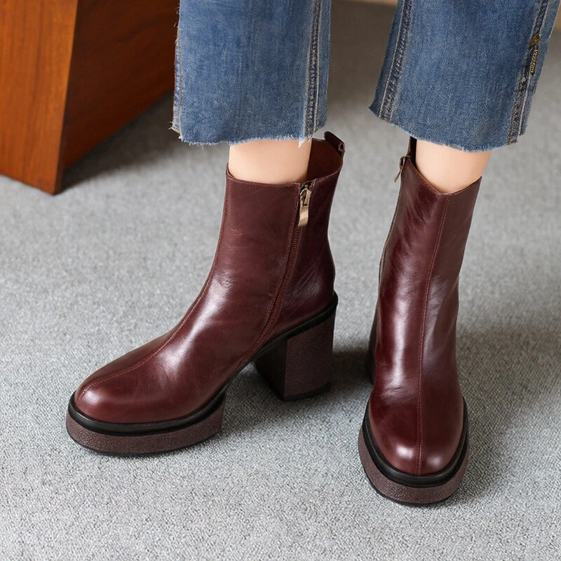 9cm英伦圆头粗跟短靴女2025秋冬新款真皮防水台高跟时装马丁靴子