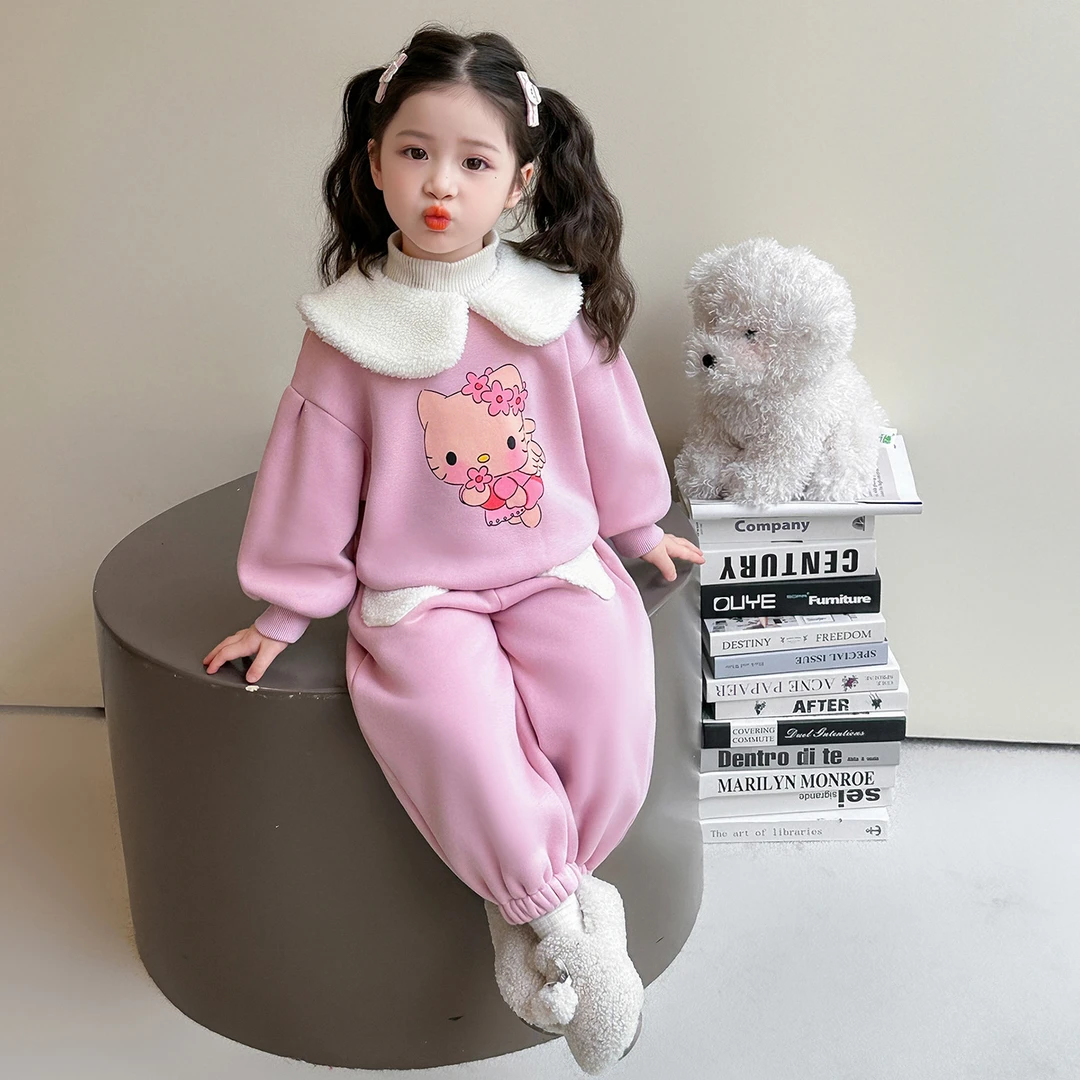 女小童加绒卫衣套装秋冬款女宝宝休闲加厚冬装小女孩保暖两件套潮