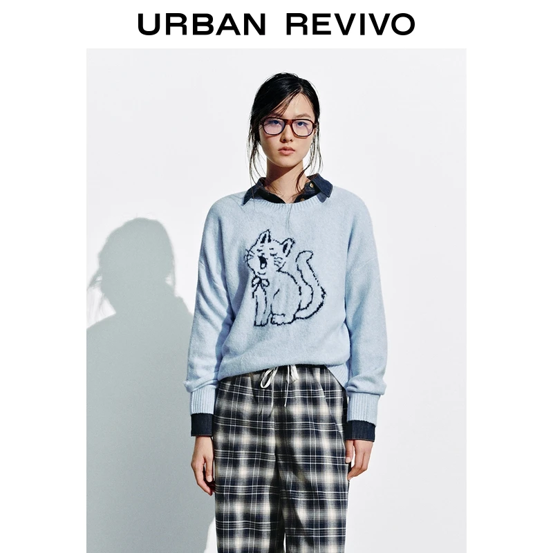 UR2026春季新款女装休闲趣味猫咪图案宽松针织衫UYY950142