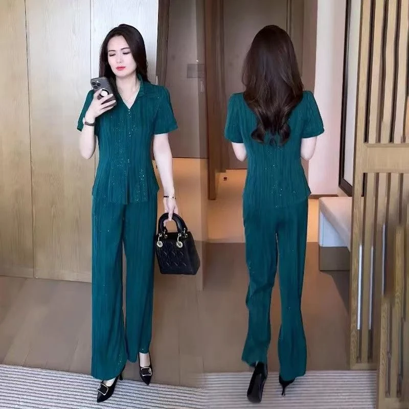 时尚短袖套装女2025夏季新款洋气减龄修身显瘦气质阔腿裤两件套