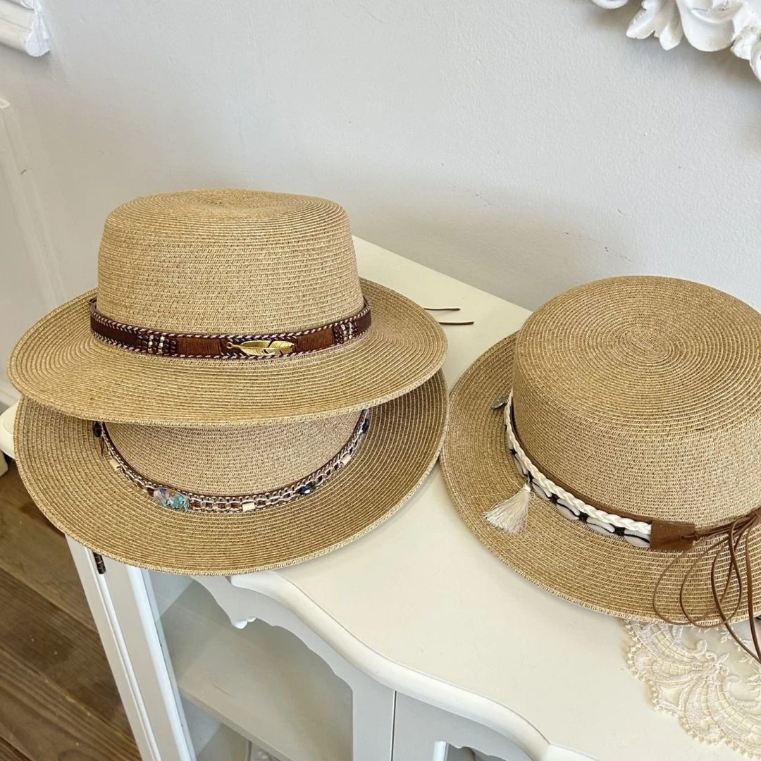 2025新款夏季民族防晒平顶遮阳帽出游户外沙滩遮阳度假草帽百搭