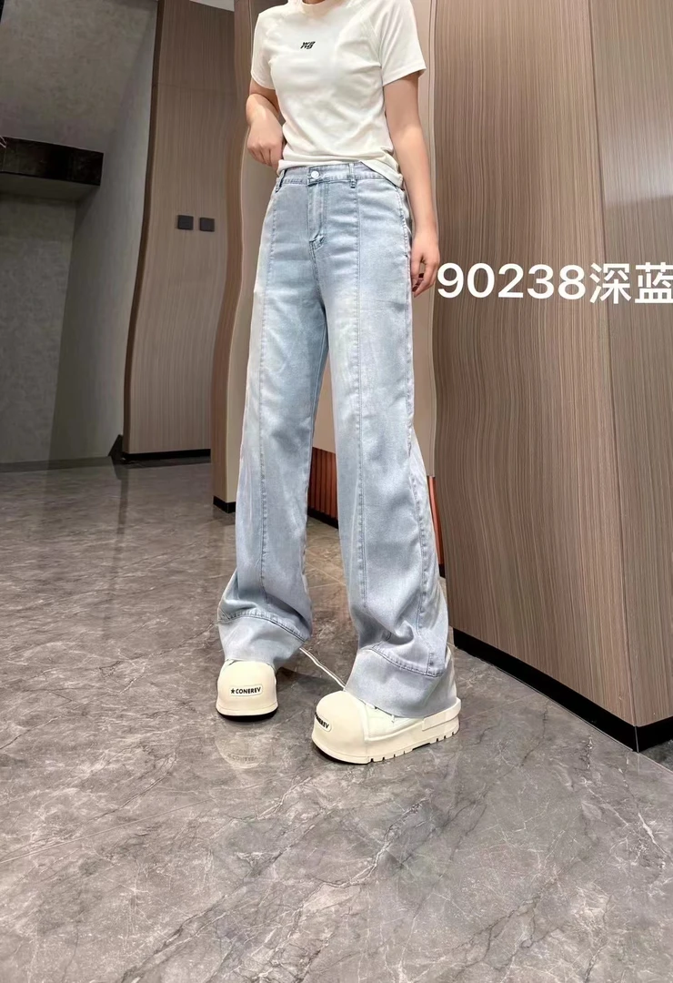 冰凉薄软高腰宽松拖地牛仔裤90238