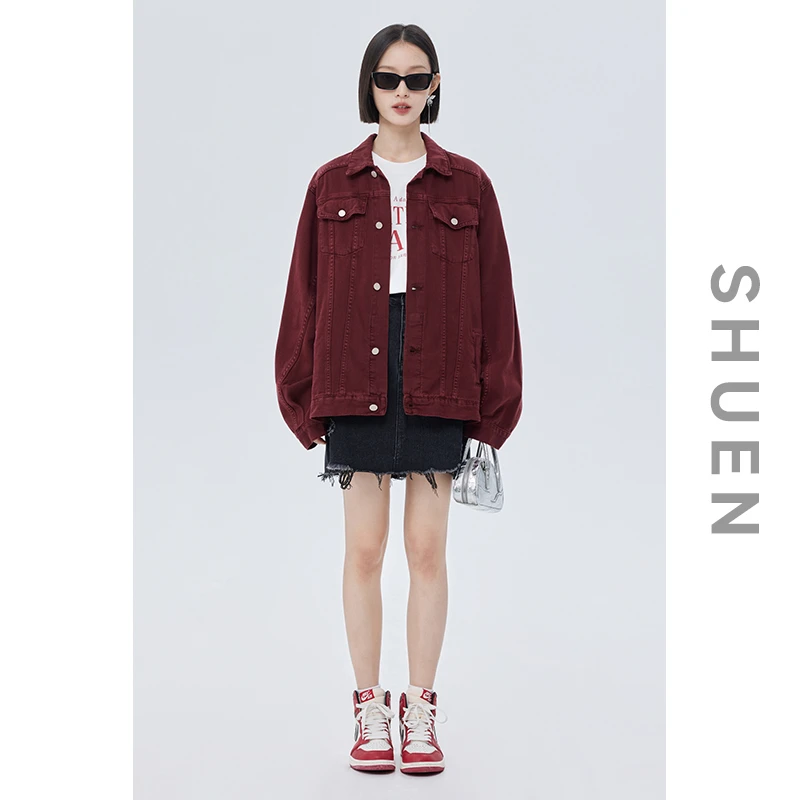 束恩纯棉单排多扣垫肩撞色中长款2025年秋安可拉红长袖牛仔外套女