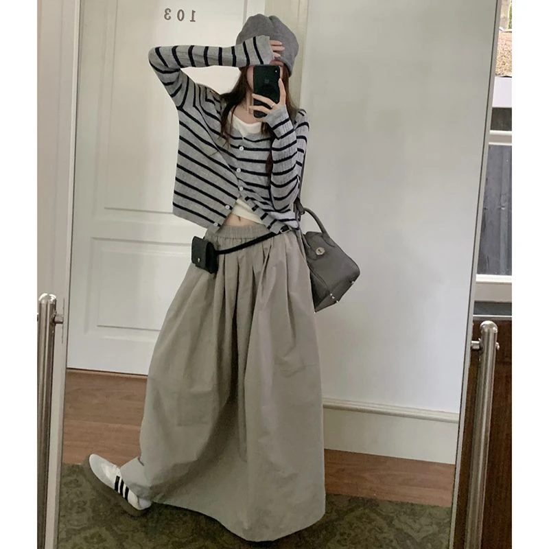 DD1042针织衫复古条纹打底衫早秋外套宽松时尚法式针织长袖女