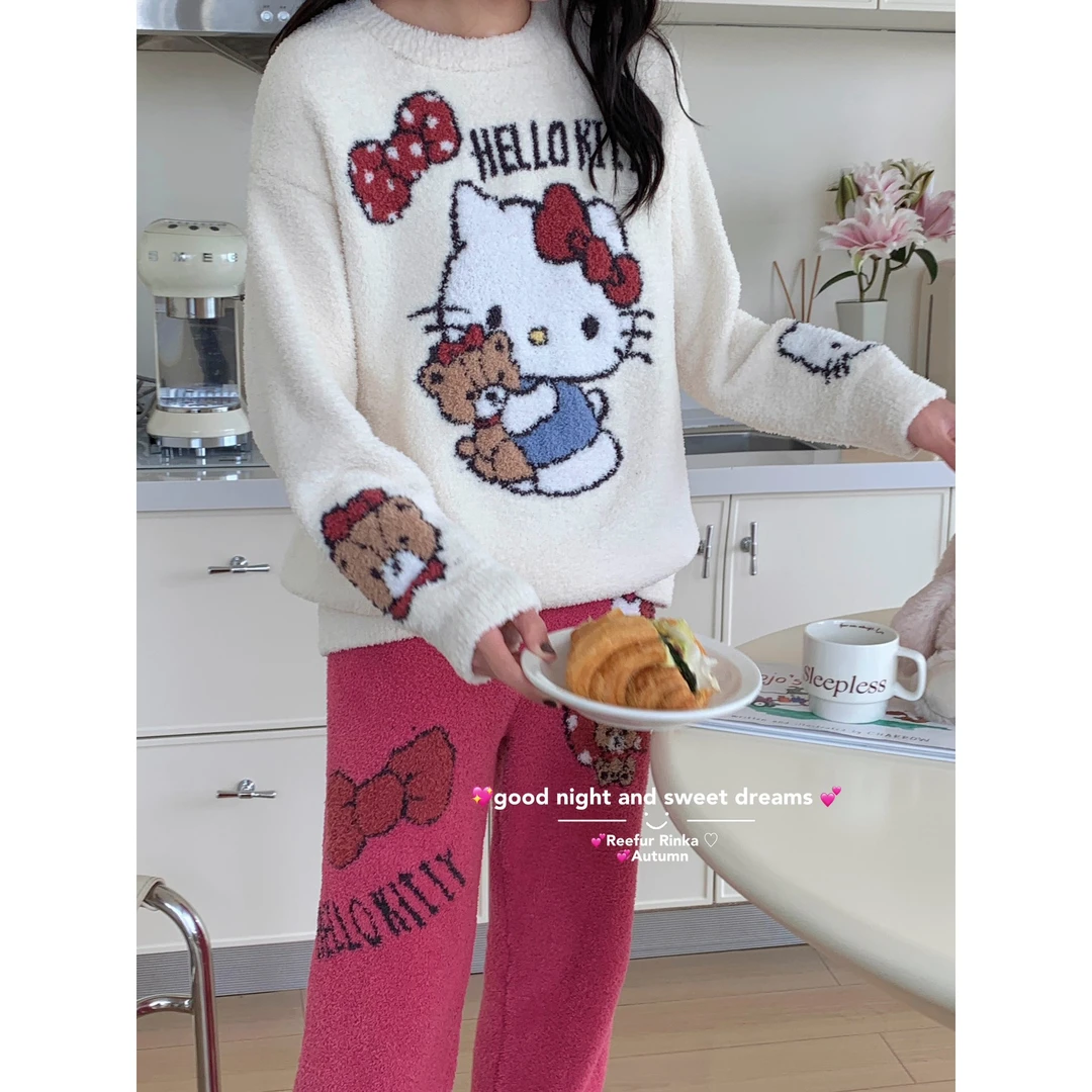 ReefurRinka梨花家秋冬软绵绵家居服卡通kitty半边绒睡衣加厚可爱