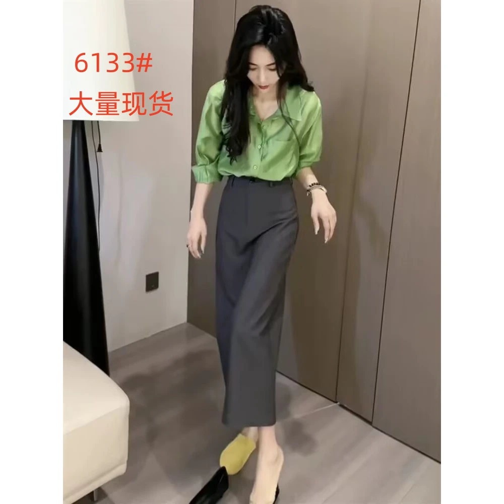 2025春季网红新款时尚两件套裙女气质绿色显白显瘦衬衫西装半身裙