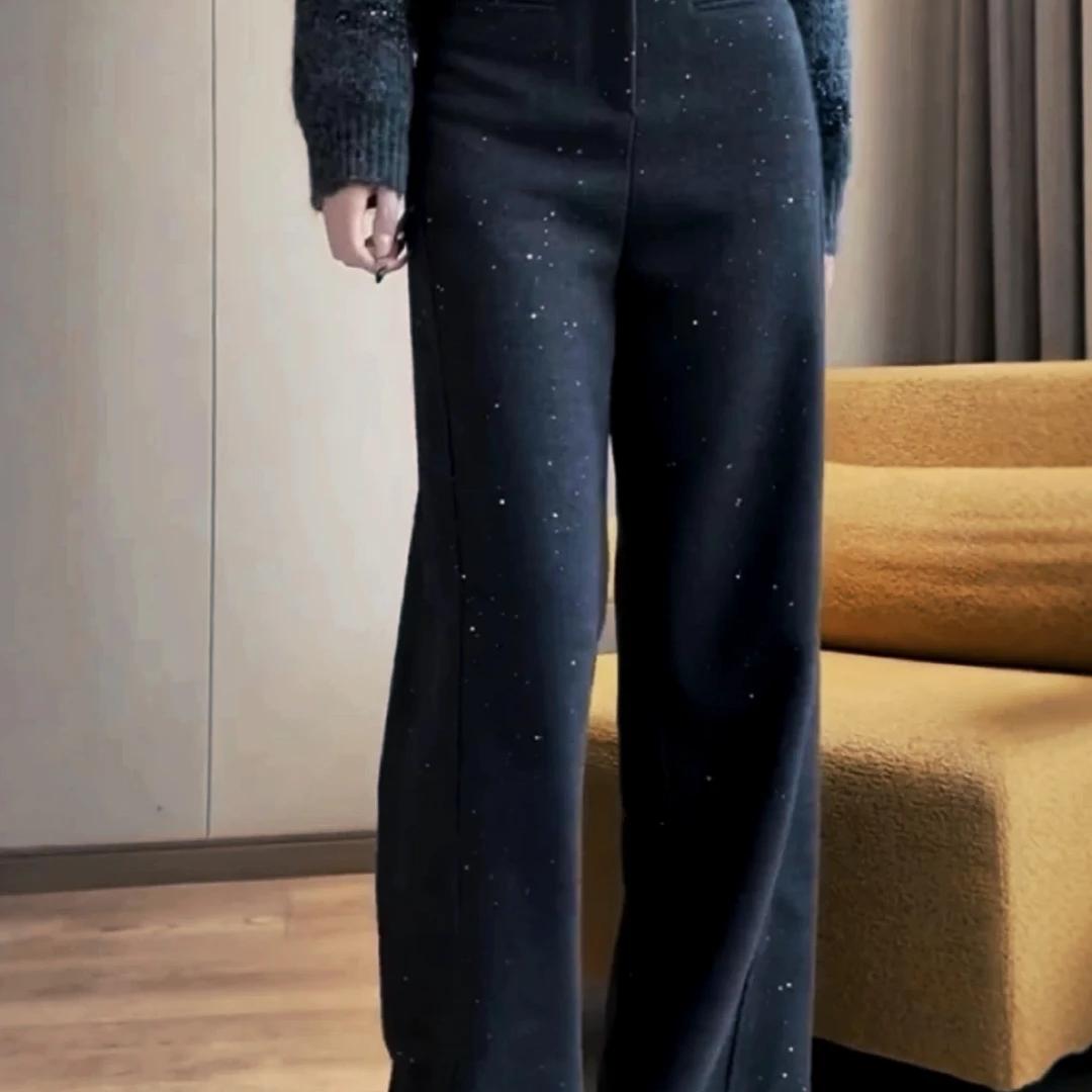 823大码亮闪闪黑色毛呢西装裤女秋冬新款胖mm高腰垂感窄版直筒裤