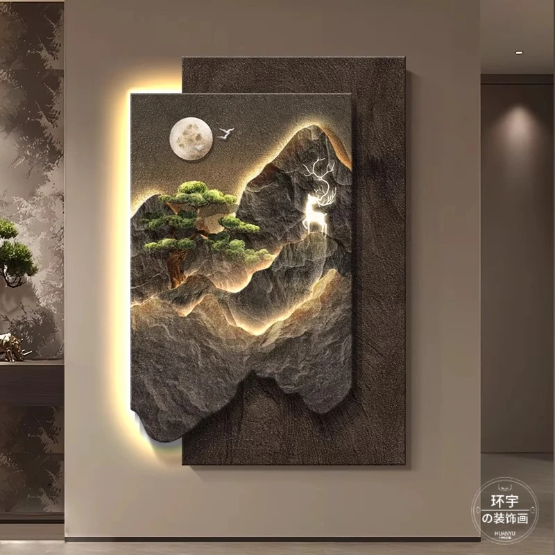 砂岩入户门玄关装饰画客厅背景墙山水挂画走廊尽头壁灯画大气