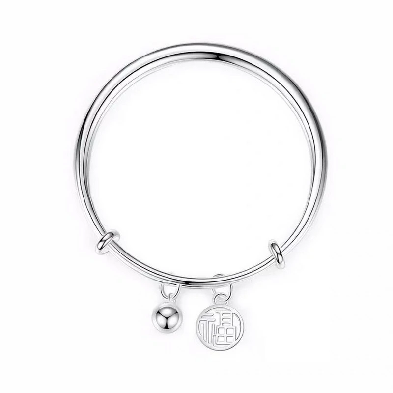 足银手镯 足银福牌铃铛手镯
