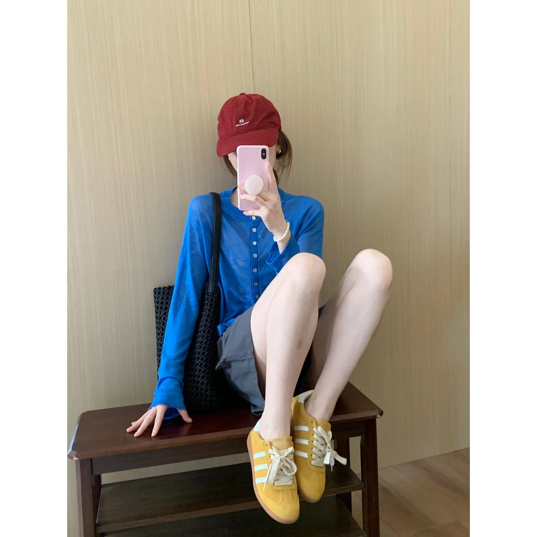 2025年法式气质蓝色长袖t恤女夏季宽松慵懒风上衣防晒衫裤子套装