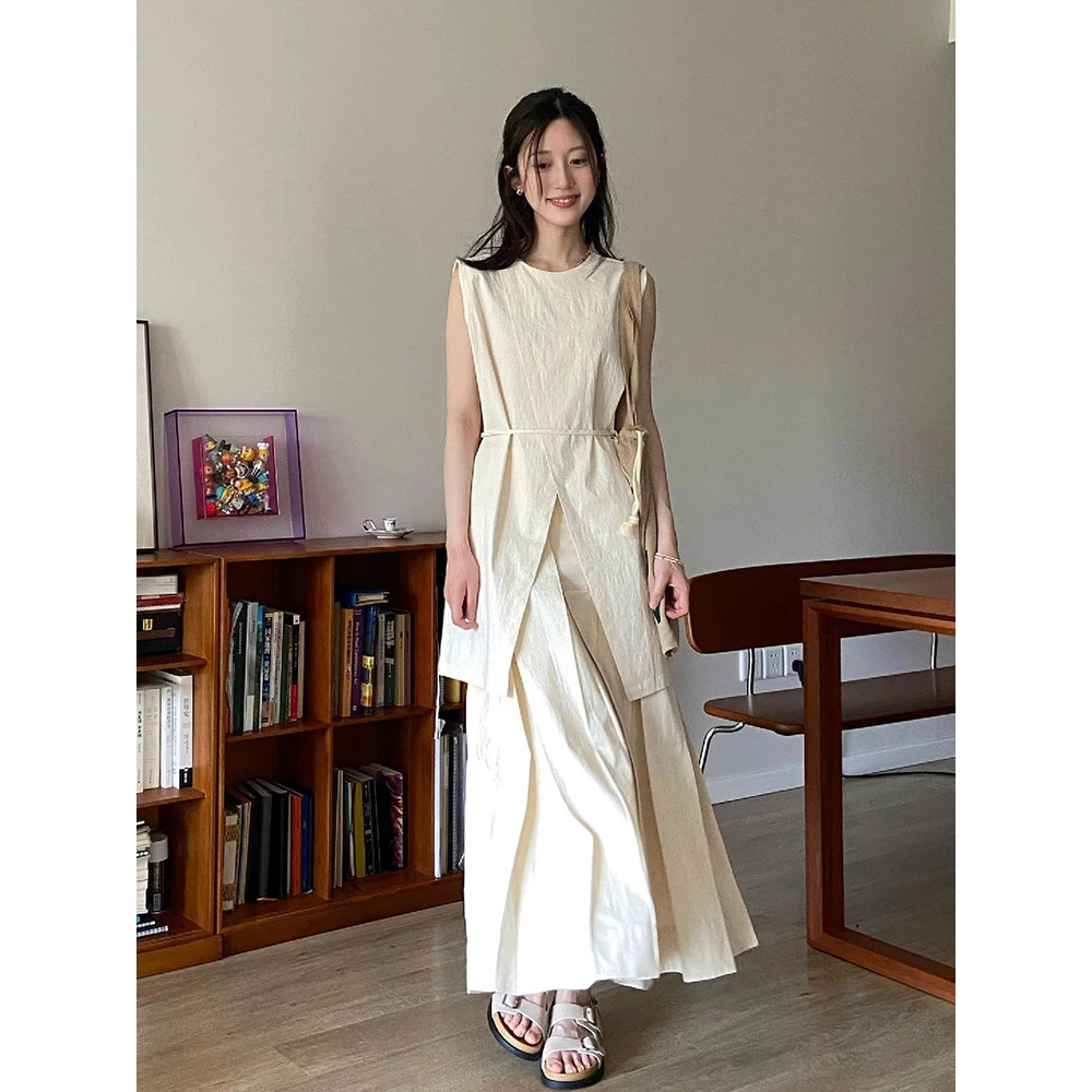 无袖白色温柔职业女裙套装半身裙中长款夏季显瘦慵懒