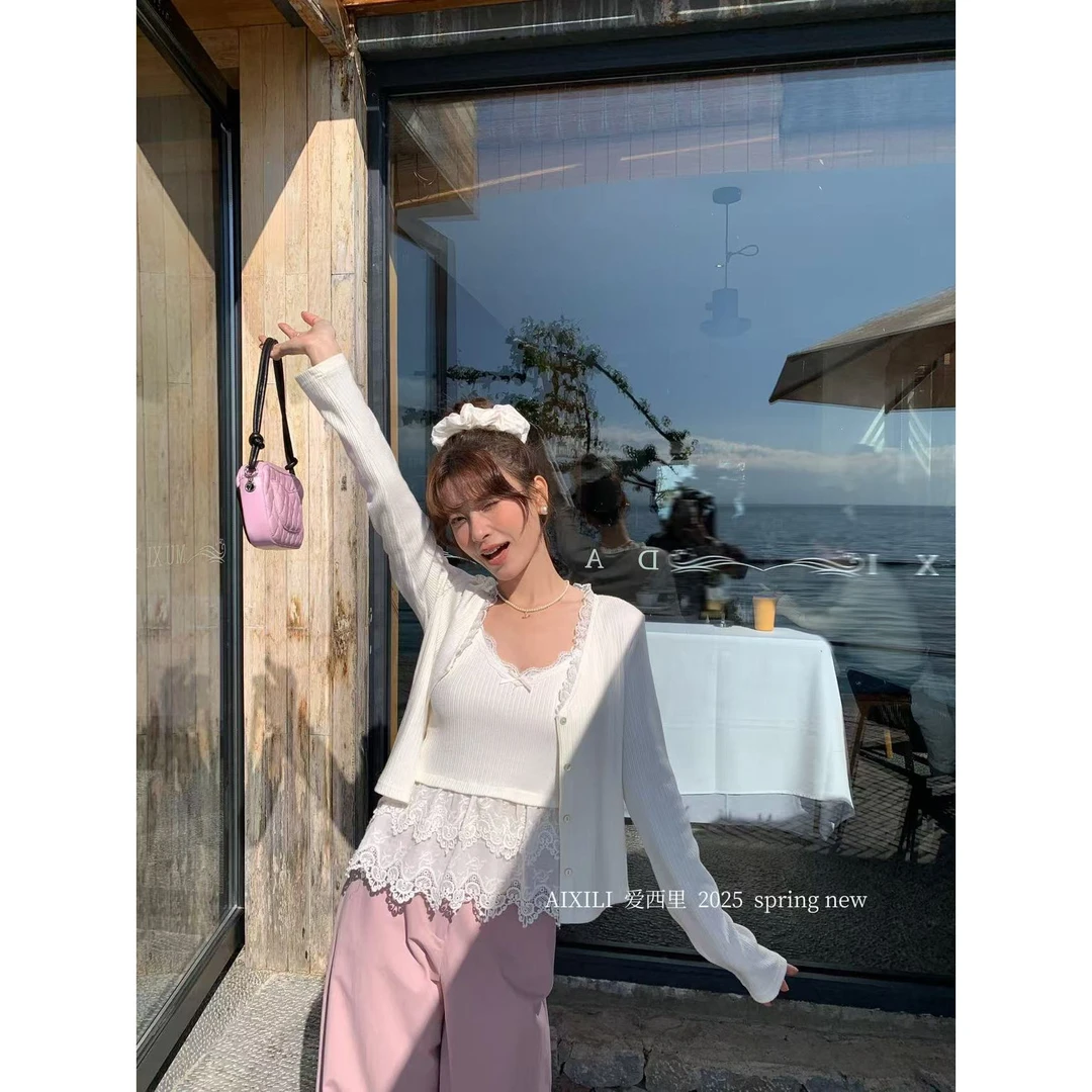 L-13397#韩系蕾丝绣花拼接针织吊带开衫两件套