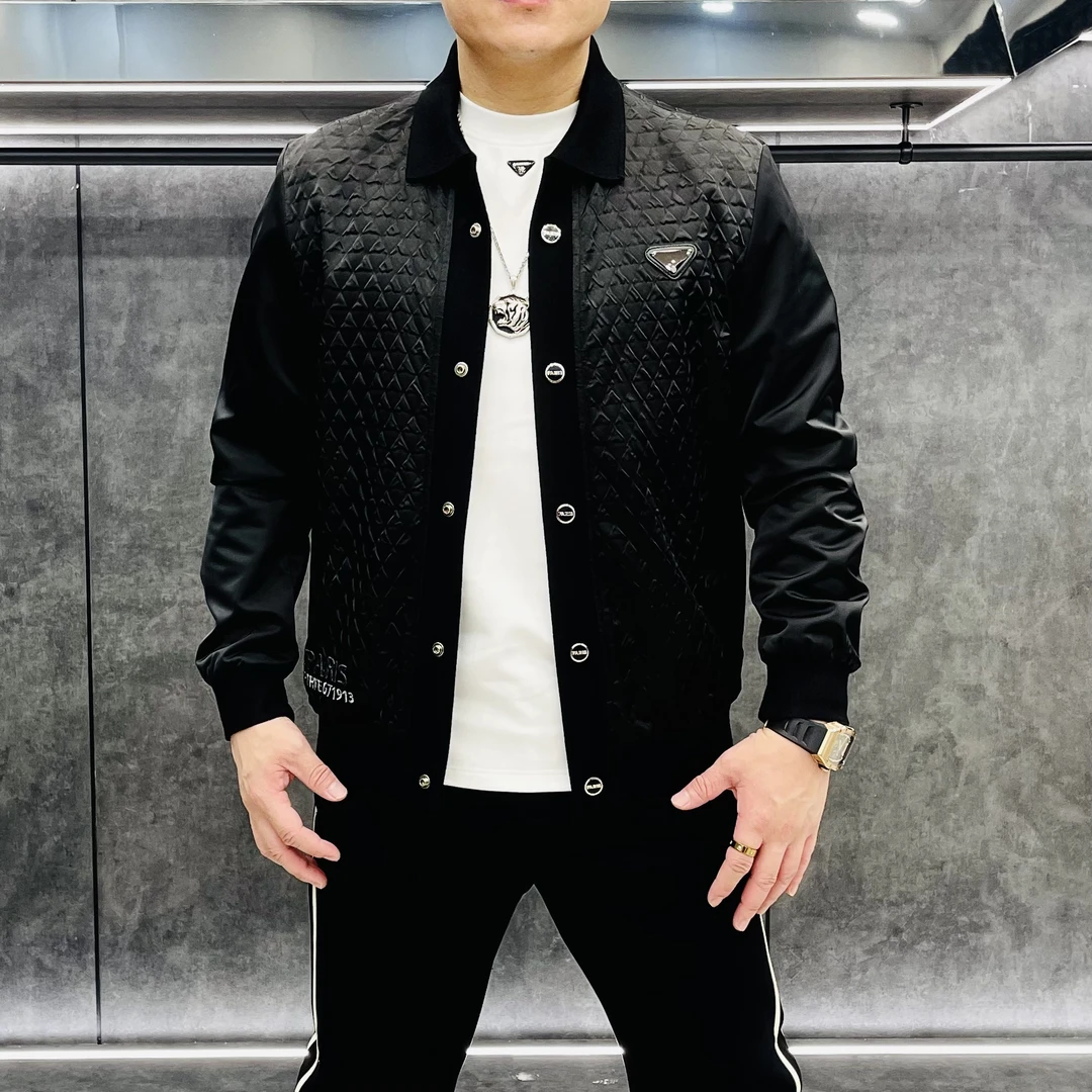 【断码清】秋季轻奢简欧男士重工钢压针织拼接翻领潮流夹克23837