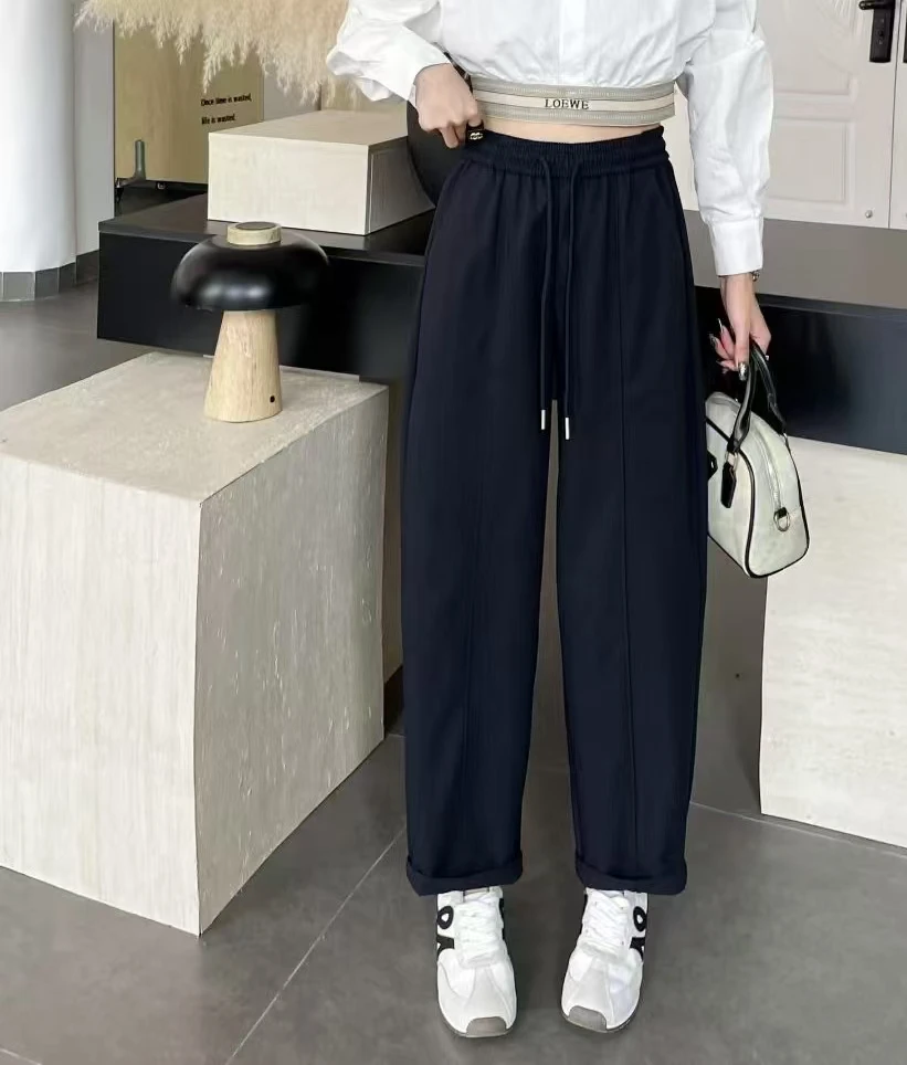 2025秋冬新款时尚百搭洋气韩版抽绳松紧腰休闲宽松纯色女哈伦裤