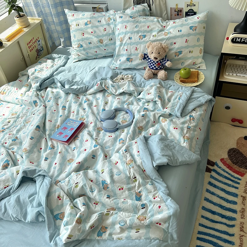 薄荷蓝条纹小熊夏凉被可机洗空调被宿舍公寓单人薄被子夏季空调被