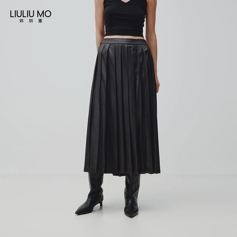 刘刘墨减龄时尚百搭复古秋冬A字设计小众高腰舒适黑色百褶皮半裙