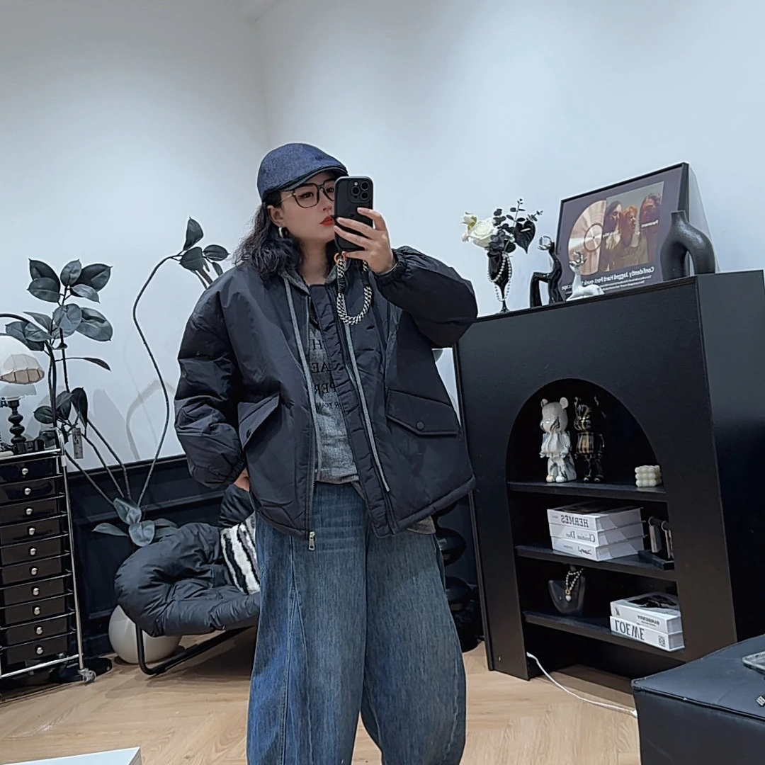 哆唛85509款纯色二棉拉链长袖短款宽松欧韩时尚潮流棉袄百搭休闲