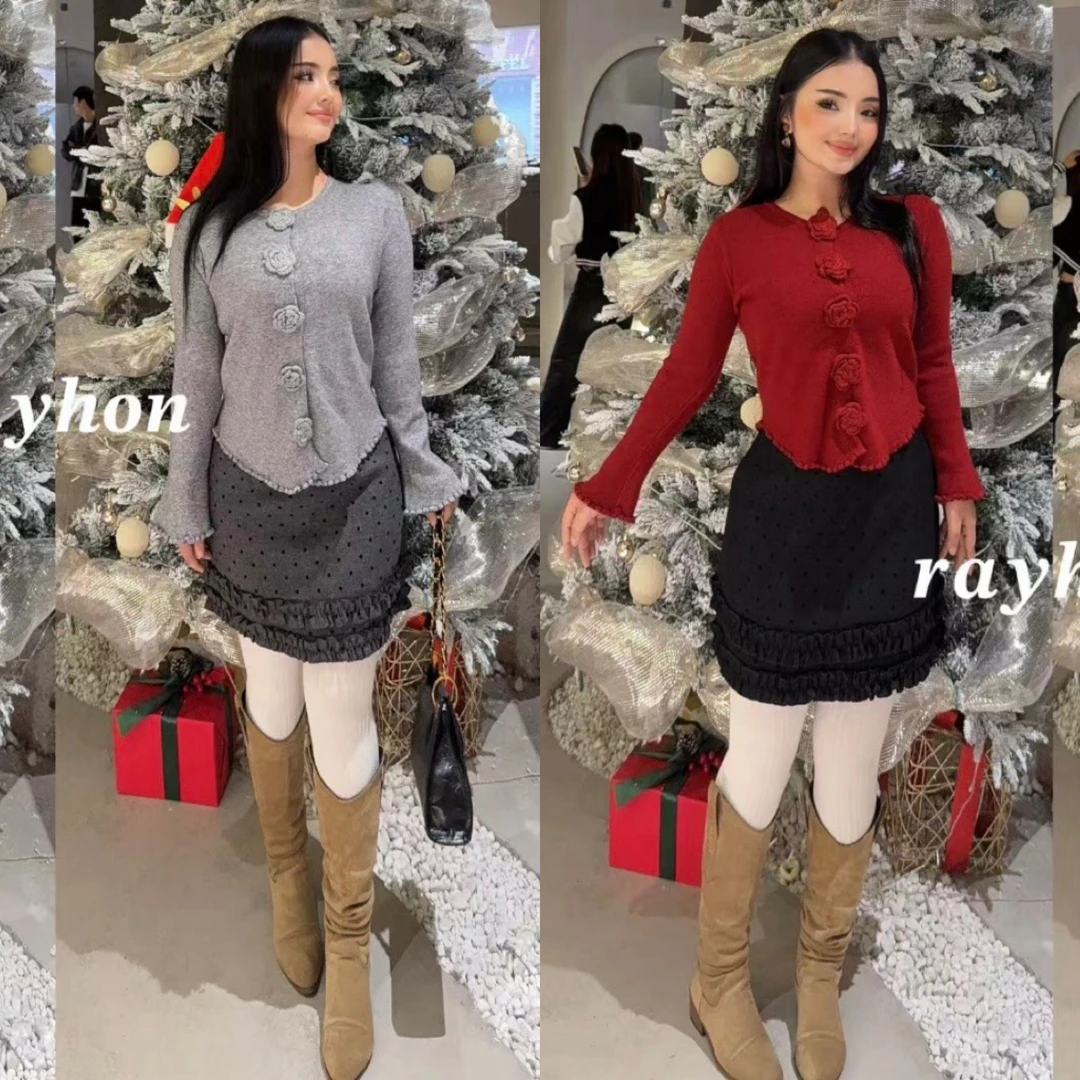 Rayhon长袖针织衫法式立体花朵韩版宽松开衫气质显瘦毛衣上衣秋冬