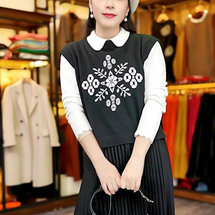 高档提花马甲针织背心叠穿针织马甲休闲时尚针织马甲无袖针织上衣