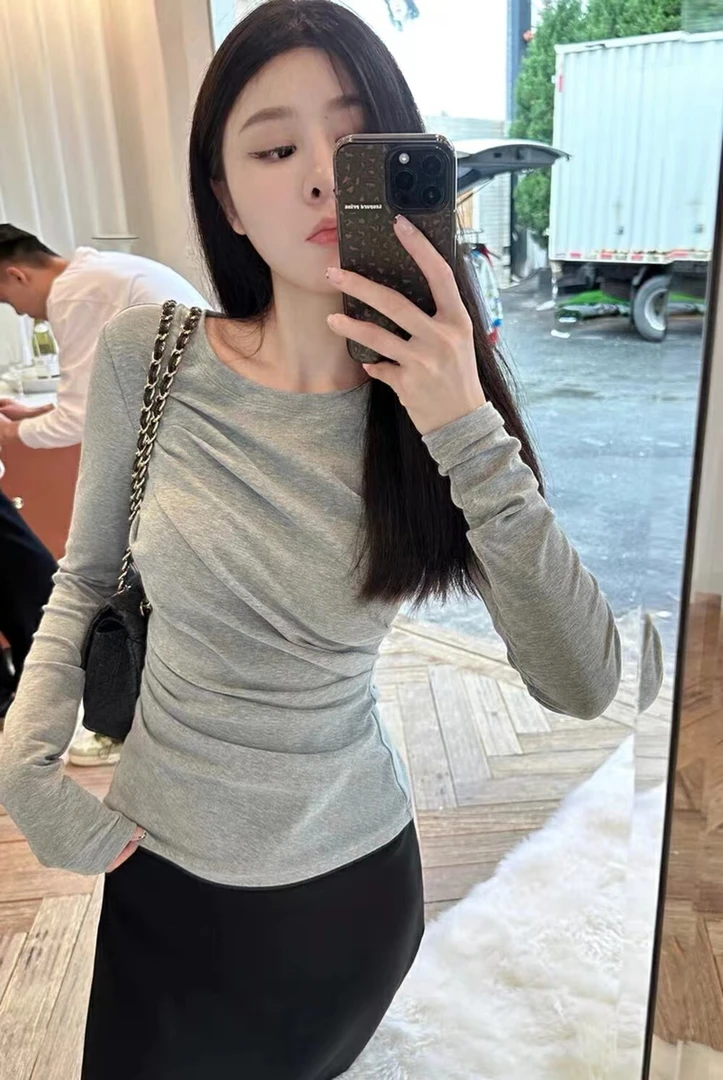 「2492 褶皱衫」气质修身显瘦百搭长袖打底衫