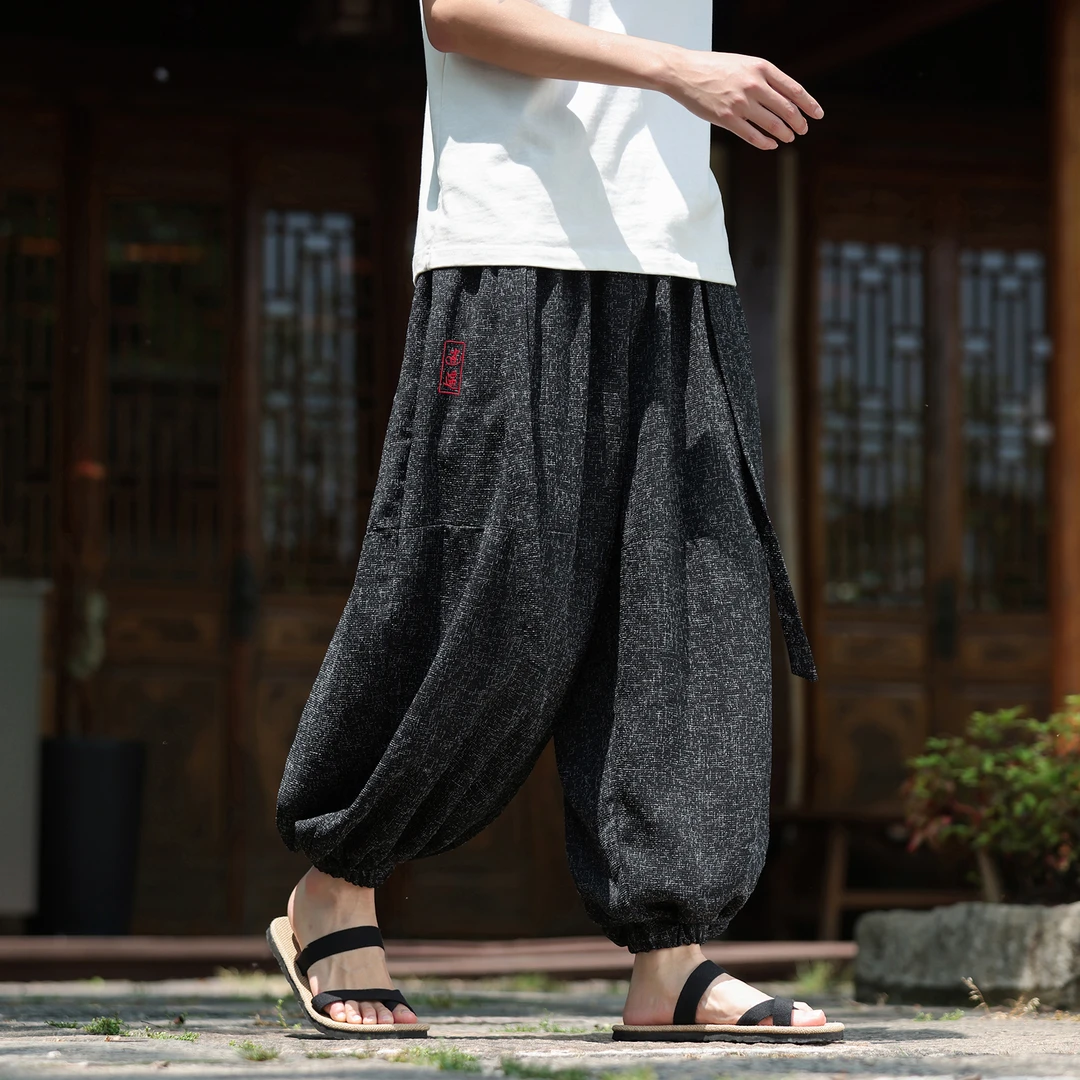 中国风男裤子夏季冰丝哈伦九分裤大码胖子灯笼裤宽松高级感雪花裤