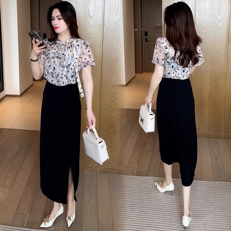 时尚碎花雪纺连衣裙女2025夏季新款假两件减龄显瘦拼接中长款裙子