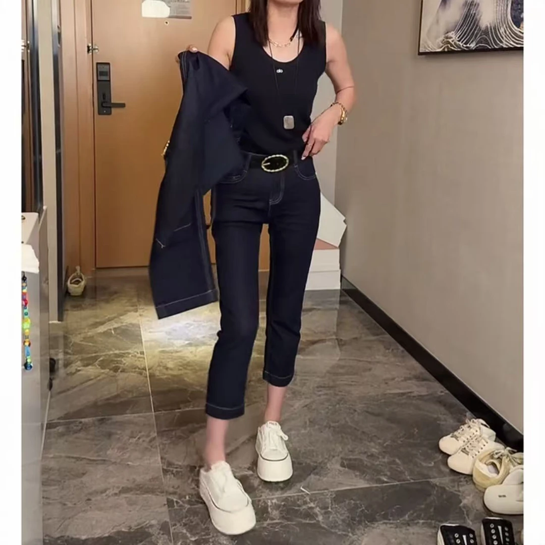 飞芊娅2025年秋季新款高腰直筒牛仔裤女爆款小个子八分弹力烟管裤