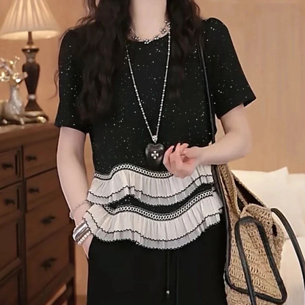 短袖洋气衣服女2025夏季新款显瘦遮肉网红洋气炸街大码女装T恤女