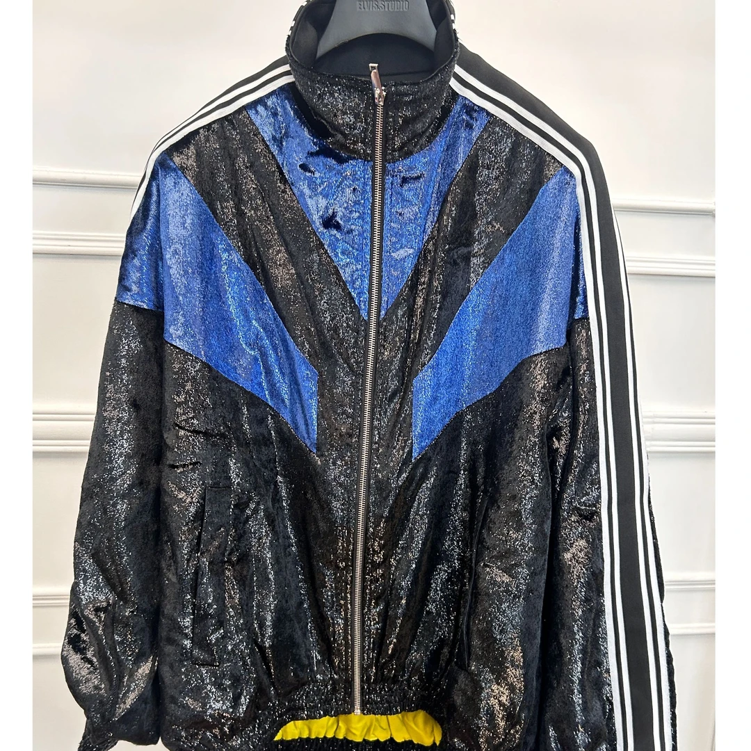 孤品折扣/elvis-丝绒拼块压条运动中长夹克A5