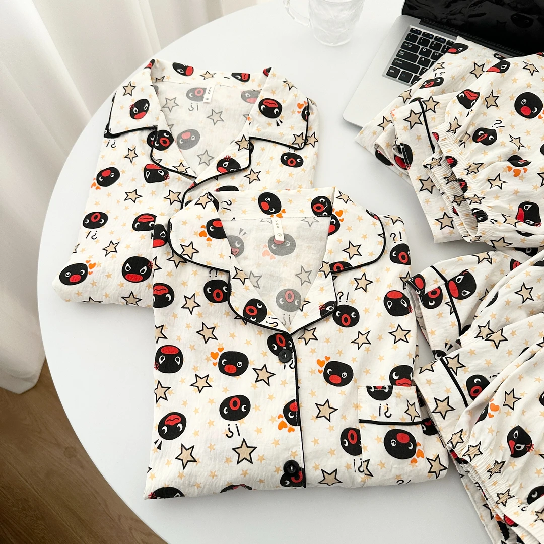 pingu企鹅睡衣女夏季薄款卡通短袖三件套可爱学生亲肤家居服套装