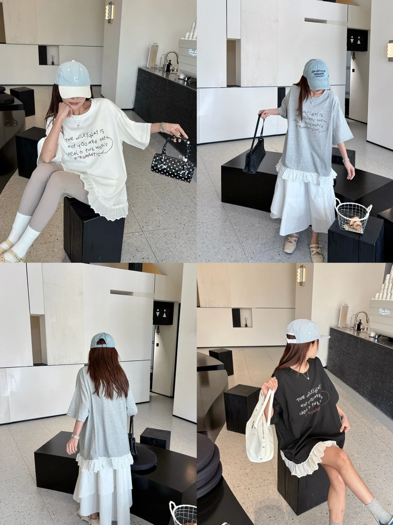 0461【夏季新款】胸前多排小字母下摆花边甜美百搭圆领T恤（360）