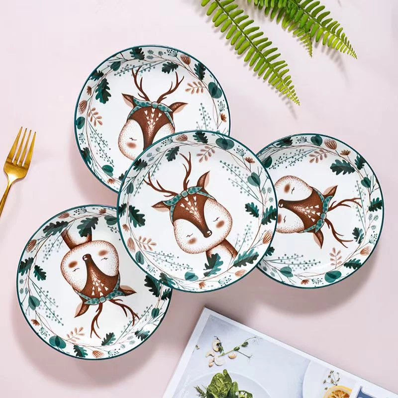 釉下彩7英寸家用陶瓷卡通森林麋鹿汤盘耐高温盘子餐盘