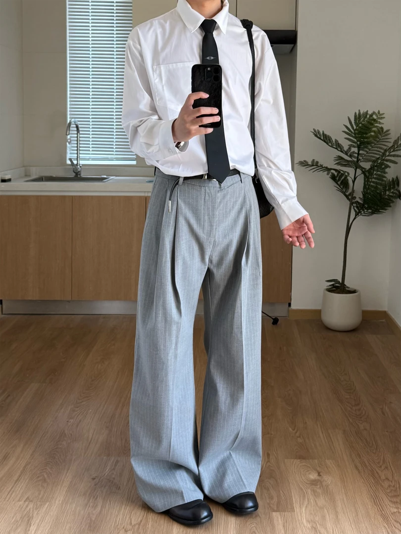 【昊沈专属】Stay the Night 好莱坞双褶立体条纹直筒A字tr混纺西裤