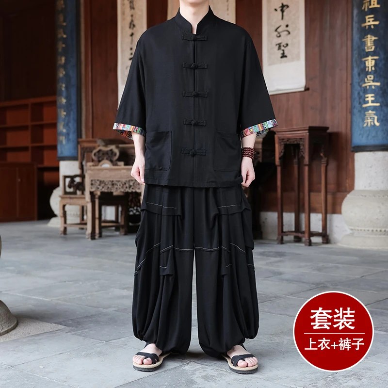 中华立领短袖衬衫男夏季薄款中国风亚麻套装宽松复古潮牌唐装汉服