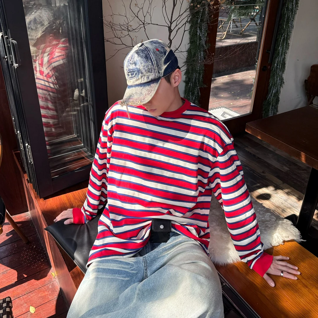 PC-【撞色】美式横拼色条纹圆领宽松长袖慵懒风韩系情侣同款T恤