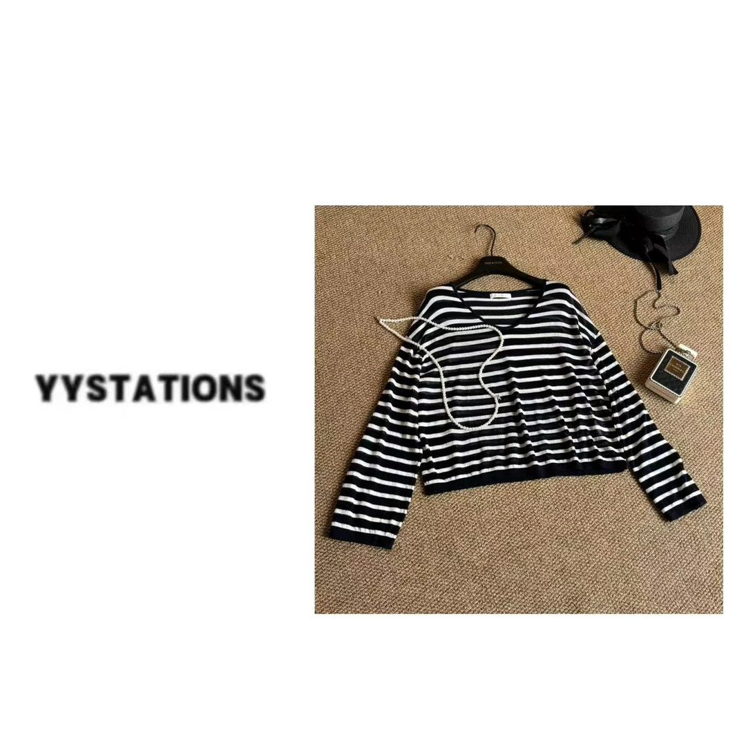 YYSTATIONS 【斑马！】韩版松弛感V领宽松条纹针织衫-24765