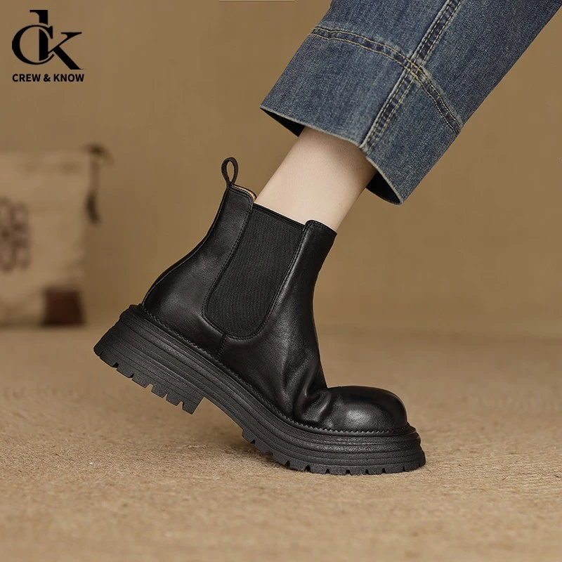 【官方正品】2025秋冬圆头切尔西短靴女复古通勤厚底马丁靴