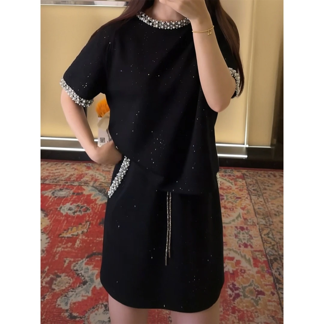 满天星轻奢T恤时尚套装女夏季新款高腰a字半身短裙宽松减龄两件套