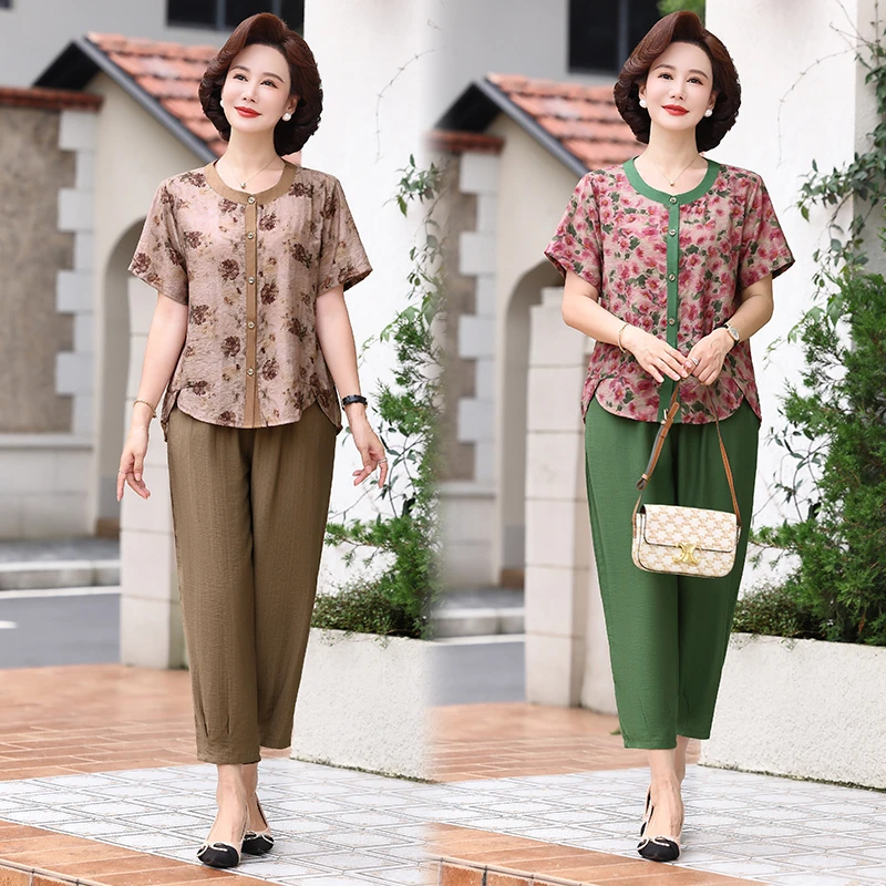 【 套装】夏季中老年妈妈装大码女装休闲短袖T恤上衣俩件套时尚洋气