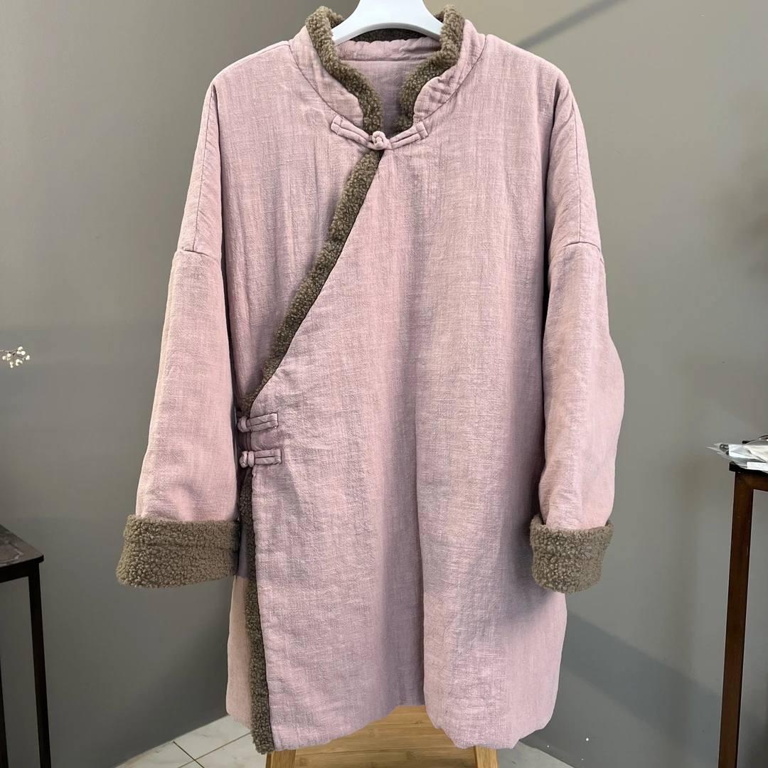 古月）棉衣 中长款重工盘扣拼接设计100 麻（衣长80胸围140）