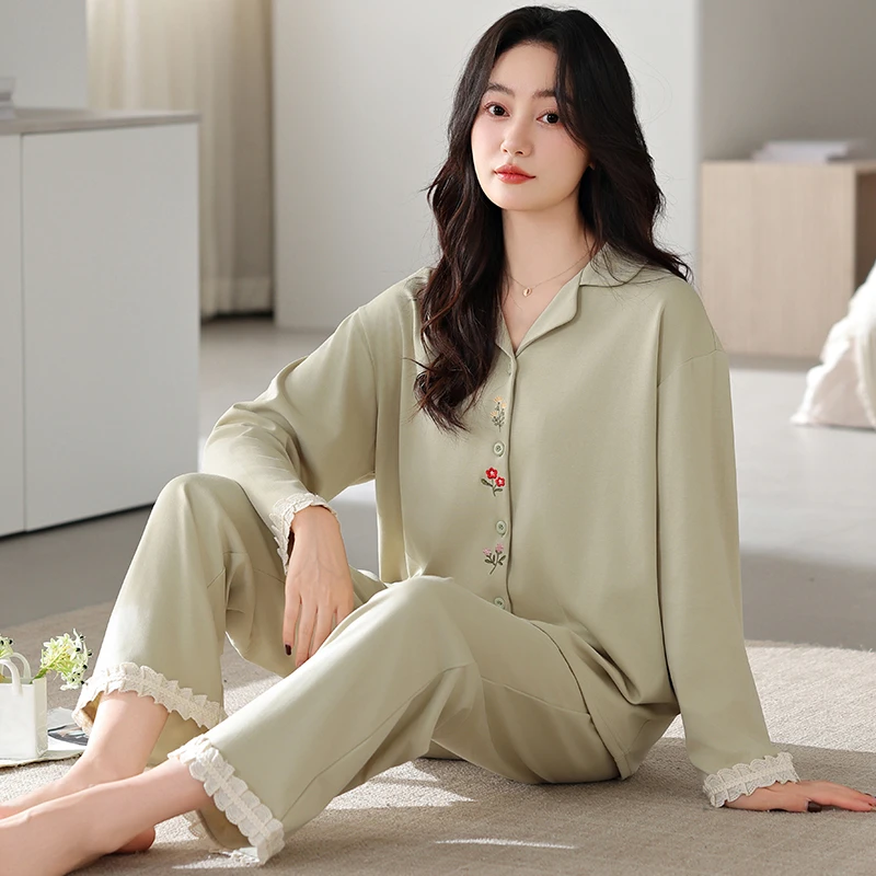 2025新款莉莉家女士加厚纯棉绿色鲜花开衫长袖长裤睡衣套装可外穿